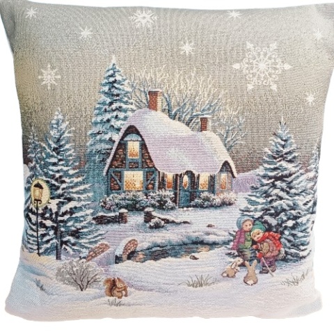 Poszewka gobelinowa domek przetykana srebrną nitką 45x45